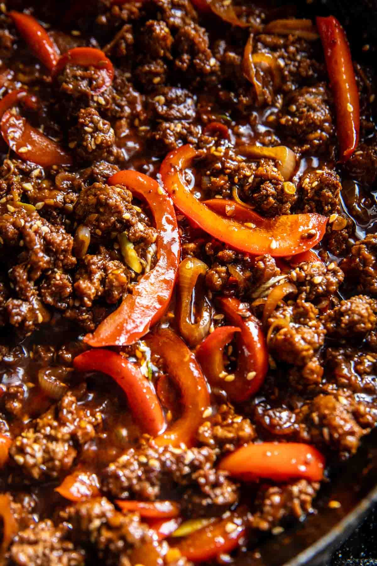 Protein Only: Korean Ground Beef Stir Fry (15 oz) • ~65g Protein • Ground beef and bell peppers in a sweet soy-ginger glaze, finished with sesame.